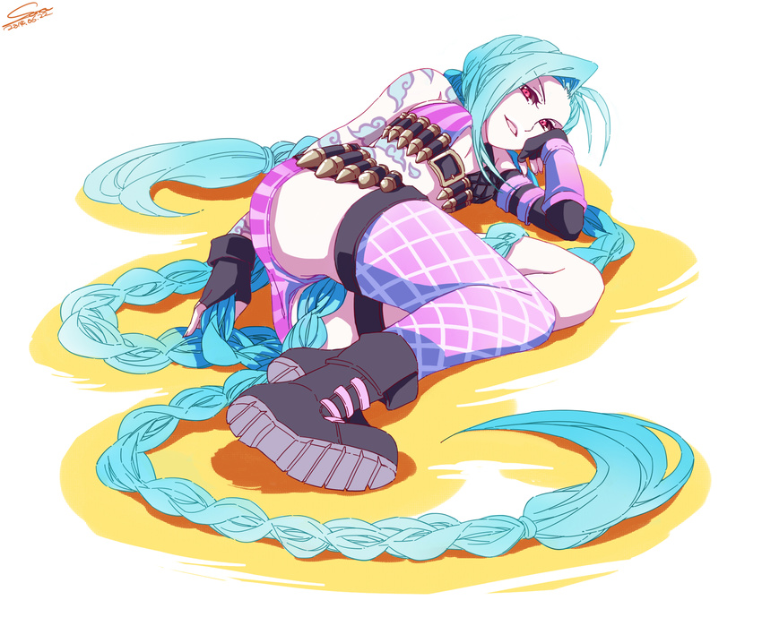 blue_hair boots braid female female gloves highres jinx_(league_of_legends) league_of_legends long_hair pink_eyes solo sora_(keyue) tattoo