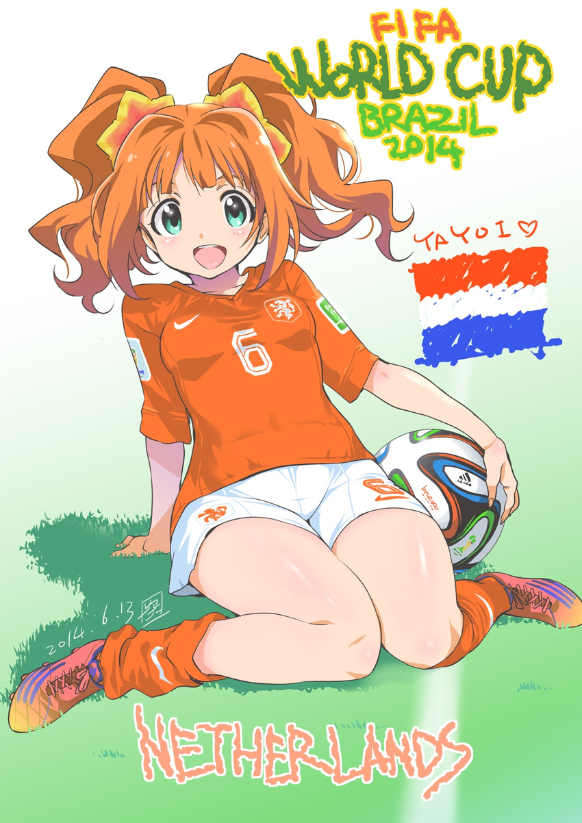 2014_fifa_world_cup blush brazuca color_connection dated dutch_flag female green_eyes highres idolmaster idolmaster_(classic) inoue_sora long_hair looking_at_viewer netherlands open_mouth orange_hair revision short_hair shorts signature smile soccer soccer_uniform solo sportswear takatsuki_yayoi twintails white_shorts world_cup