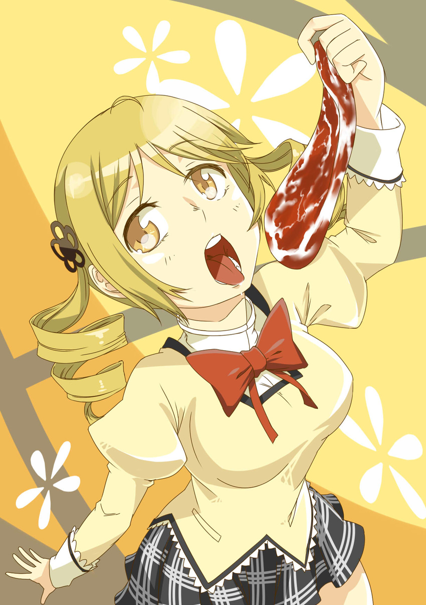 blonde_hair breasts commentary_request drill_hair female food hair_ornament highres large_breasts mahou_shoujo_madoka_magica mahou_shoujo_madoka_magica_(anime) meat mitakihara_school_uniform nonone_(the9thxsheep) open_mouth plaid plaid_skirt pleated_skirt saliva school_uniform shirt skirt solo taut_clothes taut_shirt tomoe_mami tongue yellow_eyes