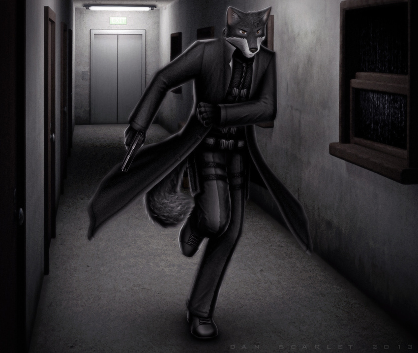 3d_(artwork) action_pose anthro boots bottomwear brown_eyes bulletproof_vest canid canine canis clothed clothing dan_scarlet digital_media_(artwork) footwear fully_clothed fur grey_body grey_fur gun handgun inside jacket male mammal pants pistol pose raining ranged_weapon running solo text topwear weapon white_body white_fur wolf