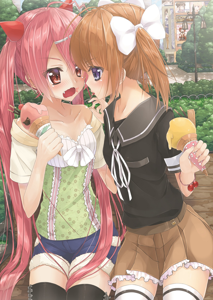 2girls ahoge bad_id bad_pixiv_id bare_shoulders belt bench black_legwear blush bow brown_hair brown_skirt collarbone food frills hair_ornament hairbow hairclip hidan_no_aria hidan_no_aria_aa highres horn_hair_ornament hyouta_(yoneya) ice_cream ice_cream_cone kanzaki_h._aria long_hair mamiya_akari multiple_girls oerba_yun_fang outdoors park park_bench photoshop_(medium) pink_hair purple_eyes red_eyes ribbon saliva saliva_trail short_hair short_sleeves shorts sitting skirt thighhighs twintails two_side_up wavy_mouth white_legwear yuri