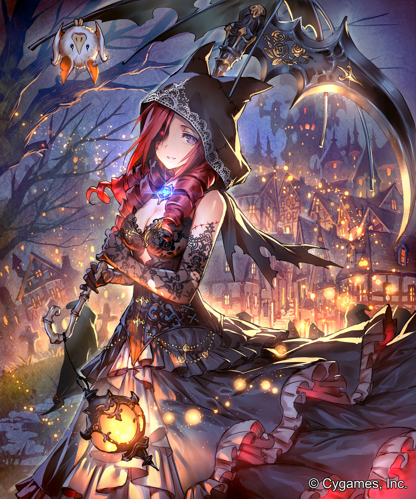 absurdres animal_hood bat_(animal) black_dress blush breasts brown_hair ceres_(shingeki_no_bahamut) cleavage commentary company_name dress drill_hair elbow_gloves female from_side gem glint gloves glowing glowing_eye grass hair_over_one_eye halloween highres holding holding_umbrella hood house lantern light_particles long_hair medium_breasts night official_art okada_manabi outdoors parted_lips photoshop_(medium) purple_eyes scar scythe shingeki_no_bahamut sleeveless sleeveless_dress smile sparkle stairs standing tombstone torn_clothes torn_gloves torn_umbrella umbrella upside-down watermark