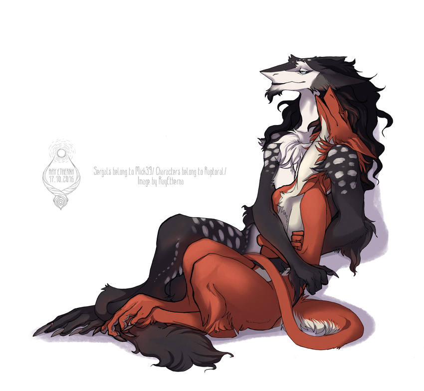 ambiguous_gender anthro chest_tuft claws closed_eyes cuddling duo fur hi_res jerry_(raptoral) male markings orange_body orange_fur raesheris raptoral_(character) sergal simple_background sitting spots spotted_body spotted_fur tail toe_claws tuft white_background