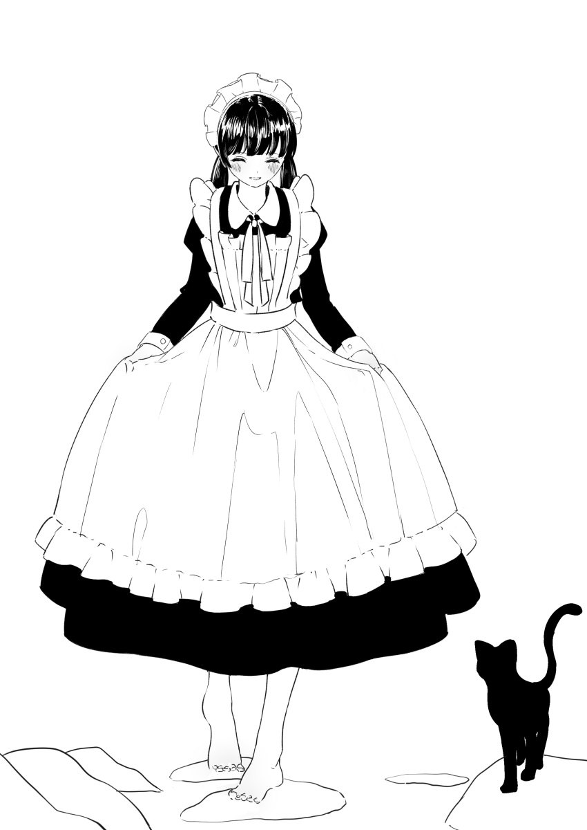 ^_^ absurdres animal apron bad_id bad_pixiv_id barefoot blush closed_eyes collared_dress commentary_request dress facing_viewer feline female frilled_apron frills full_body greyscale highres juliet_sleeves long_hair long_sleeves low_twintails maid maid_apron maid_headdress monochrome neck_ribbon original parted_lips puffy_sleeves ribbon shii_(kairi-t-k0317) smile solo standing twintails white_background