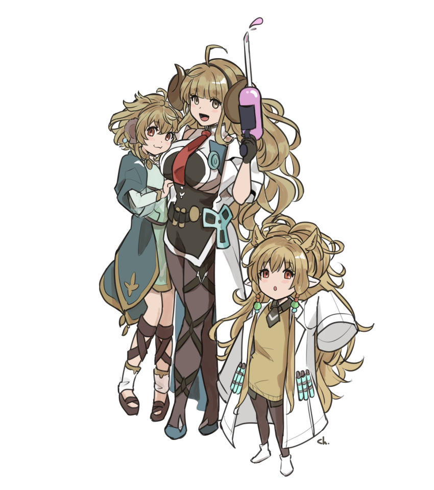 3girls :o agnes_tachyon_(umamusume) agnes_tachyon_(umamusume)_(cosplay) ahoge andira_(granblue_fantasy) anila_(granblue_fantasy) animal_ears arm_hug black_pantyhose blonde_hair breasts commentary_request cosplay cygames doctor_(granblue_fantasy) draph dress erune extra_ears flat_chest full_body glanbluefanta granblue_fantasy green_dress hairband harvin highres horns horse_ears kokkoro_(princess_connect!) kokkoro_(princess_connect!)_(cosplay) lab_coat large_breasts long_hair looking_at_viewer mahira_(granblue_fantasy) multiple_girls necktie needle open_mouth pantyhose pointy_ears princess_connect! red_necktie short_hair sidelocks signature simple_background sleeves_past_wrists standing sweater umamusume vial white_background