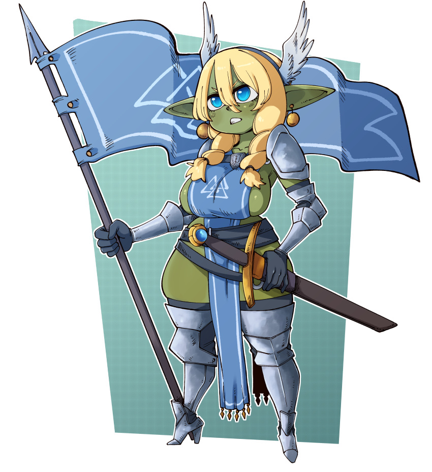 2022 absurd_res blonde_hair breasts clothing female flag flag_(object) front_view goblin green_body green_skin hair hi_res holding_flag holding_object humanoid legwear melee_weapon nuclearwasabi short_stack side_boob solo sword thick_thighs thigh_highs weapon wide_hips