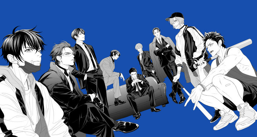 6+boys ace_of_diamond baseball_bat baseball_cap black_choker blue_background choker closed_eyes closed_mouth couch formal furuya_satoru gloves hat highres holding holding_baseball_bat hood hood_down hooded_jacket isashiki_jun jacket jewelry kominato_haruichi kominato_ryousuke kuramochi_youichi leg_up looking_at_viewer male_focus mask mask_pull miyuki_kazuya mouth_mask multiple_boys necklace necktie on_couch open_clothes open_jacket open_mouth pants parted_lips sawamura_eijun shoes short_hair shorts sideburns sitting spiked_hair squatting suit takigawa_chris_yuu tank_top twoframe vest visor wristband yuuki_tetsuya