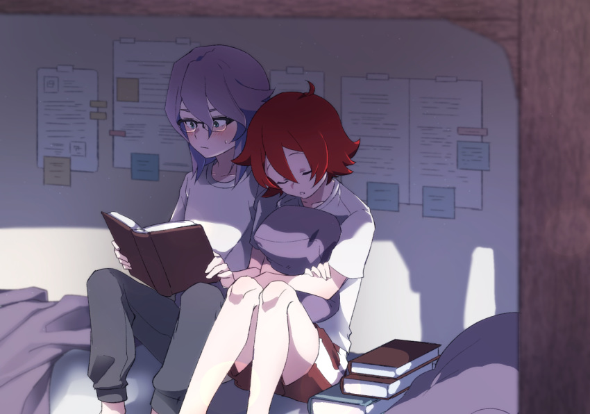 2girls alternate_costume arikindows10 bed bed_frame bedroom blush book commentary_request couple croix_meridies embarrassed glasses green_eyes head_on_another's_shoulder hugging_object legs little_witch_academia multiple_girls open_mouth pants paper pillow pillow_hug poster_(object) purple_hair reading red_hair shiny_chariot shirt short_hair shorts sitting sleeping surprised thighs wavy_hair white_shirt yuri