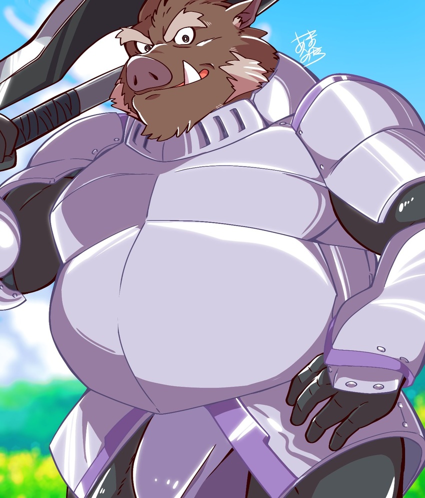 2022 anthro armor brown_body bumomomoboa hi_res humanoid_hands kemono knight male mammal mature_male outside overweight overweight_male solo suid suina sus_(pig) warrior weapon wild_boar