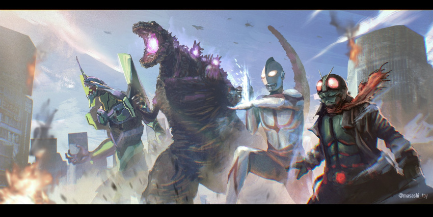 2boys antennae battle blue_sky cloud cloudy_sky compound_eyes creator_connection crossover eva_01 evangelion:_3.0+1.0_thrice_upon_a_time evangelion_(mecha) explosion giant giant_monster glowing glowing_mouth godzilla godzilla_(series) godzilla_(shin) helmet highres horns kaijuu kamen_rider kamen_rider_1 kamen_rider_1_(shin) letterboxed masashi_toy mecha mechanical_horns multiple_boys neon_genesis_evangelion open_mouth rebuild_of_evangelion robot science_fiction shin_godzilla shin_japan_heroes_universe shin_kamen_rider shin_ultraman single_horn sky tokusatsu typhoon_(kamen_rider) ultra_series ultraman ultraman_(shin)