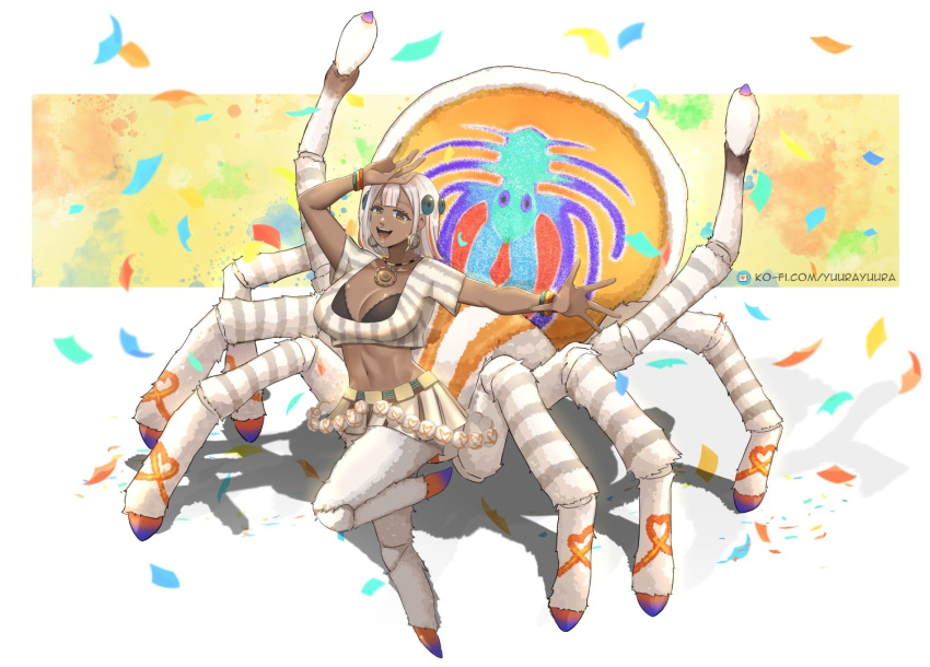 arachne arms_up arthropod_girl body_markings breasts dancing dark-skinned_female dark_skin female full_body hair_ornament ko-fi_logo ko-fi_username large_breasts looking_at_viewer midriff monster_girl multiple_legs navel open_mouth original peacock_spider self-upload solo spider_girl tan taur white_hair yuurayuura