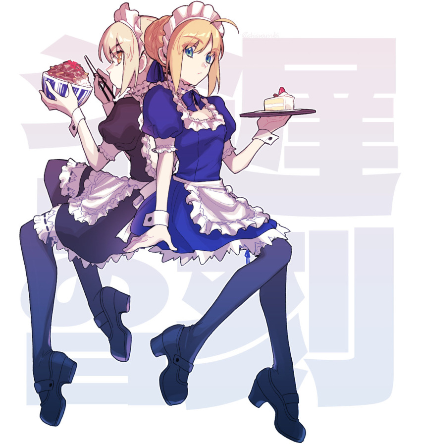 2girls ahoge alternate_costume apron artoria_pendragon_(fate) back-to-back blonde_hair blue_eyes cake chopsticks dual_persona eating enmaided fate/stay_night fate_(series) food gyuudon highres maid maid_apron maid_headdress multiple_girls saber_(fate) saber_alter shayubi thighhighs wrist_cuffs yellow_eyes