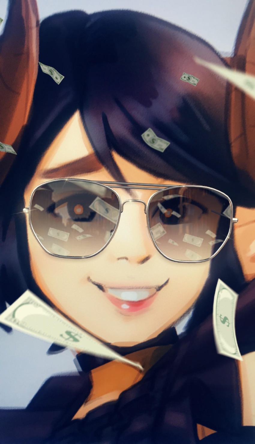 black_hair choker close-up commentary demon_girl demon_horns english_commentary facing_viewer female grin highres horns lips meme money nona_(thirnz) original ray-ban reflection smile solo sunglasses swept_bangs thirnz