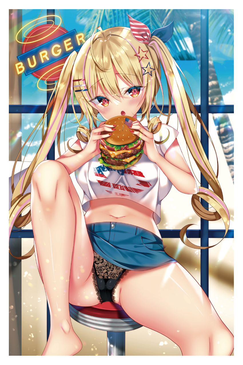 ahoge american_flag american_flag_print bare_legs barefoot black_panties blonde_hair blue_skirt blue_sky blush border breasts burger cheese cropped_shirt day fast_food female fingernails flag_print food gradient_eyes hair_between_eyes hair_ornament hairclip highres holding holding_food knee_up lace lace-trimmed_panties lace_panties lace_trim lettuce long_fingernails long_hair looking_at_viewer medium_breasts miniskirt multicolored_eyes nae-nae nail_polish navel non-web_source orange_eyes original palm_tree panties red_nails shiny_skin shirt short_sleeves sidelocks sitting skirt sky solo spread_legs star_(symbol) star_hair_ornament stomach tomato tree twintails underwear very_long_hair white_border white_shirt