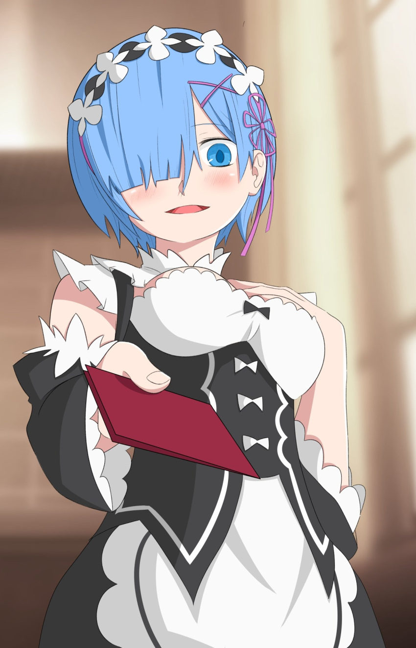 aqua_hair blush dress female hair_ornament hair_over_one_eye hair_ribbon hand_on_own_chest highres holding letter looking_at_viewer open_mouth pov re:zero_kara_hajimeru_isekai_seikatsu rem_(re:zero) ribbon roswaal_mansion_maid_uniform ryan292989 short_hair solo white_dress