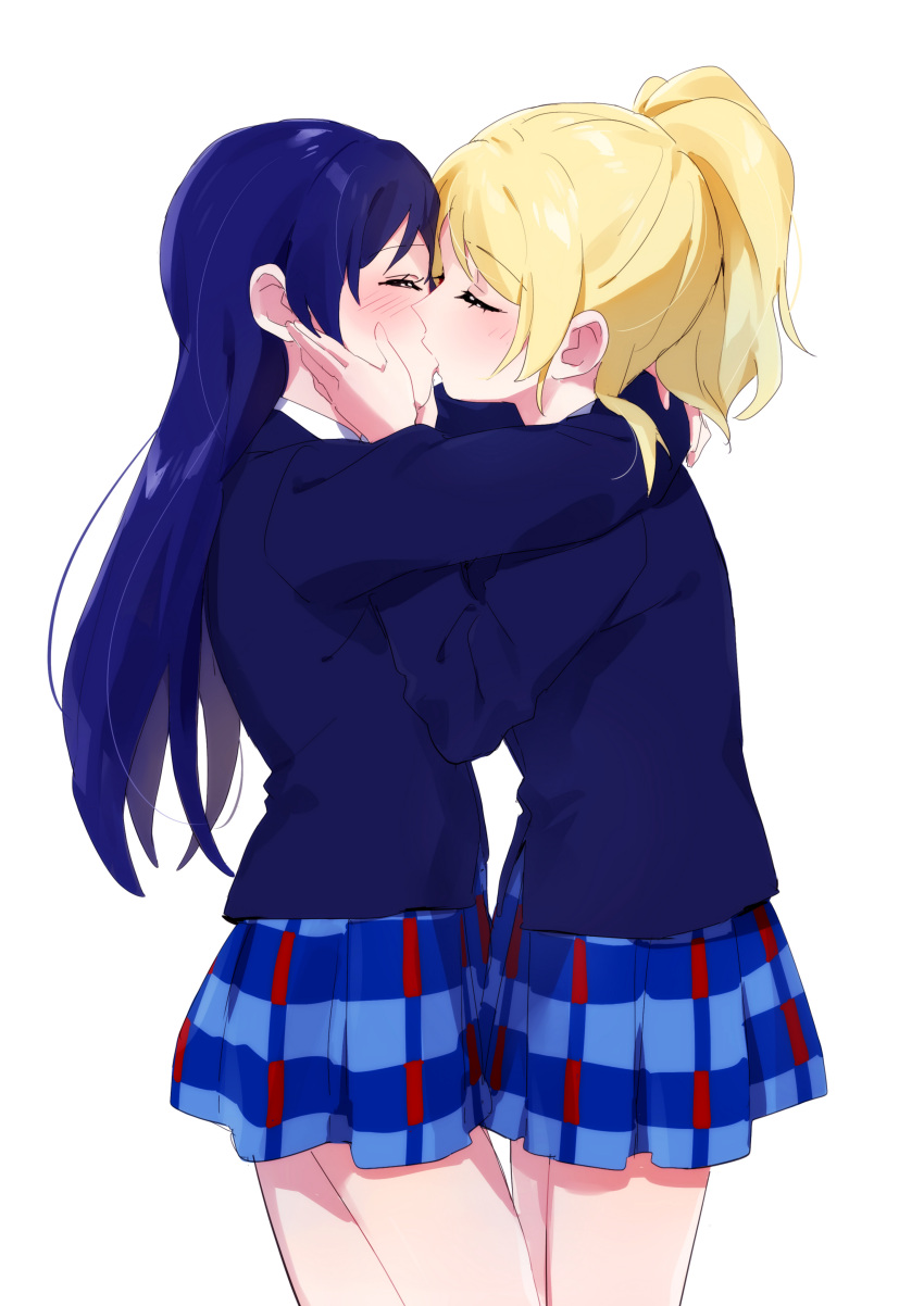 2girls absurdres ayase_eli blazer blonde_hair blue_hair blush closed_eyes couple cowboy_shot hands_on_another's_cheeks hands_on_another's_face highres hug jacket kissing long_hair long_sleeves love_live! love_live!_school_idol_project multiple_girls nanatsu_no_umi otonokizaka_school_uniform ponytail school_uniform simple_background sonoda_umi white_background winter_uniform yuri