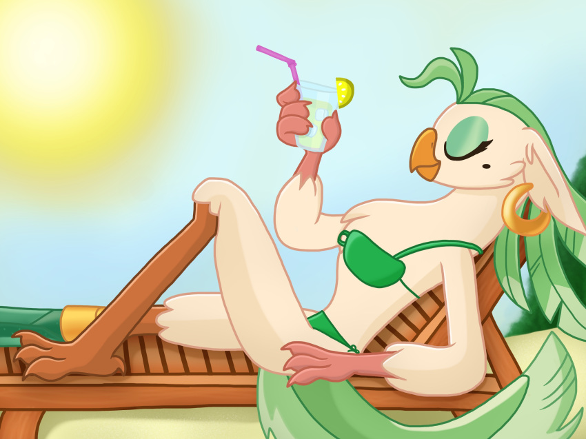 2017 anthro ass avian beak beverage bikini bikini_bottom bikini_top bird captain_celaeno_(mlp) chair chest_tuft closed_eyes clothing digital_media_(artwork) ear_piercing ear_ring eyelashes eyeshadow feathers female friendship_is_magic fur furniture green_bikini green_clothing green_eyeshadow green_feather_hair green_hair green_swimwear green_tail hair hasbro hi_res holding_beverage holding_object justsomepainter11 lying makeup my_little_pony my_little_pony:_the_movie_(2017) on_back on_model parrot pegleg piercing prosthetic prosthetic_leg prosthetic_limb pseudo_hair relaxing ring_piercing smile solo sun sunbathing swimwear tail tan_body tan_fur text tuft