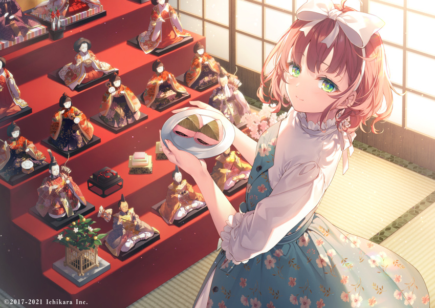 asuka_hina blue_dress bow bow_hairband brown_hair closed_mouth dress female floral_print food frilled_shirt_collar frills from_behind green_eyes hairband hina_ningyou hinadan hinamatsuri holding holding_plate indoors leaf long_sleeves looking_at_viewer looking_back medium_hair mochi nijisanji plate sakura_mochi shirt smile solo standing statue strapless strapless_dress tatami toosaka_asagi virtual_youtuber wagashi watermark white_bow white_shirt