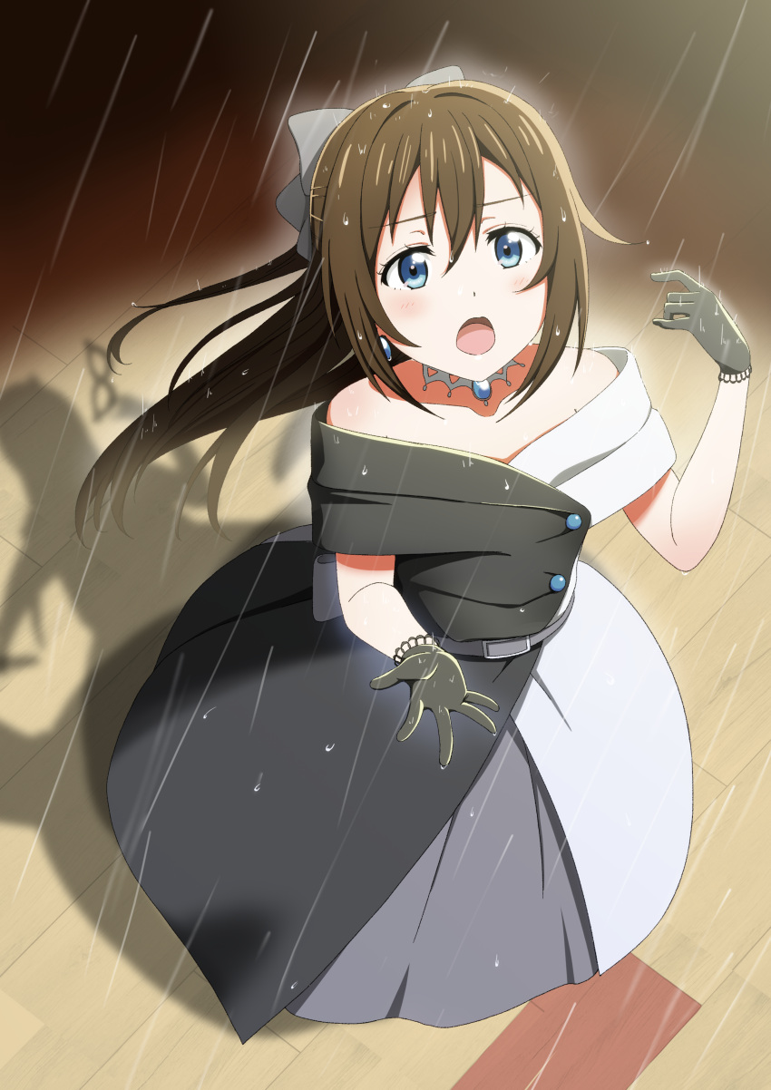 absurdres bare_shoulders belt black_belt black_bow black_dress black_gloves blue_eyes blush bow brown_hair buttons choker collarbone daiz1213 dress drop_earrings earrings evening_gown female gloves hair_between_eyes hairbow half_updo highres jewelry lace lace_gloves long_hair looking_at_viewer love_live! love_live!_nijigasaki_high_school_idol_club mask multicolored_clothes necklace off-shoulder_dress off_shoulder open_mouth osaka_shizuku ponytail rain sidelocks sleeveless sleeveless_dress solitude_rain_(love_live!) solo stage standing two-tone_dress water_drop white_dress