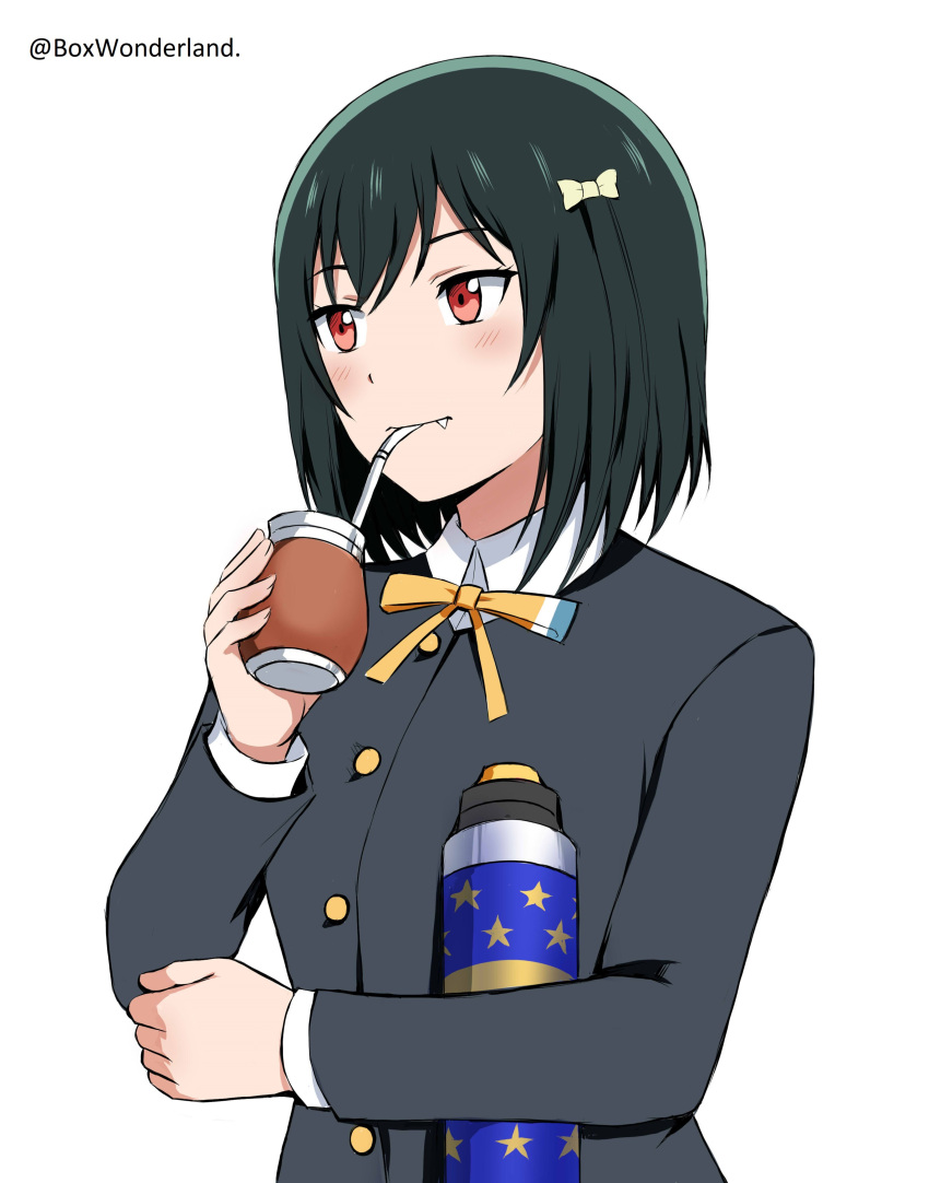 absurdres black_jacket blazer blush bow box_wonderland buttons closed_mouth club_atletico_boca_juniors drinking drinking_straw english_commentary eyelashes female green_hair hair_ribbon hand_up highres holding_mate holding_thermos jacket long_sleeves looking_away love_live! love_live!_nijigasaki_high_school_idol_club mate mifune_shioriko neck_ribbon nijigasaki_school_uniform oerba_yun_fang red_eyes ribbon school_uniform shirt short_hair solo thermos white_shirt wing_collar yellow_bow yellow_ribbon