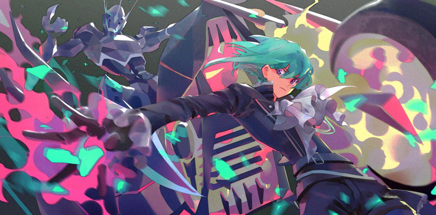 1boy ascot beckoning belt biker_clothes black_gloves black_jacket body_armor chenalii closed_mouth commentary_request fire gloves green_fire green_hair half_gloves highres jacket lio_fotia male_focus multiple_belts outstretched_hand promare purple_eyes purple_fire pyrokinesis