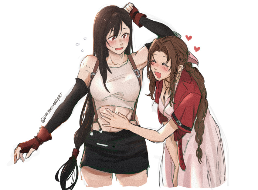 2girls abs aerith_gainsborough aroused_nosebleed artist_name black_hair black_skirt blood blush bow braid braided_ponytail brown_hair closed_eyes commentary couple crop_top cropped_jacket dreamsyndd dress elbow_pads english_commentary female_pervert final_fantasy final_fantasy_vii flying_sweatdrops hand_on_another's_stomach heart highres jacket jewelry long_hair looking_at_another low-tied_long_hair miniskirt multiple_girls muscle_awe necklace nosebleed open_mouth overalls parted_lips pencil_skirt pervert pink_bow pink_dress red_jacket shy simple_background skirt smile suspender_skirt suspenders suspenders_gap tank_top tifa_lockhart toned touching tri_drills twitter_username white_background white_tank_top yuri