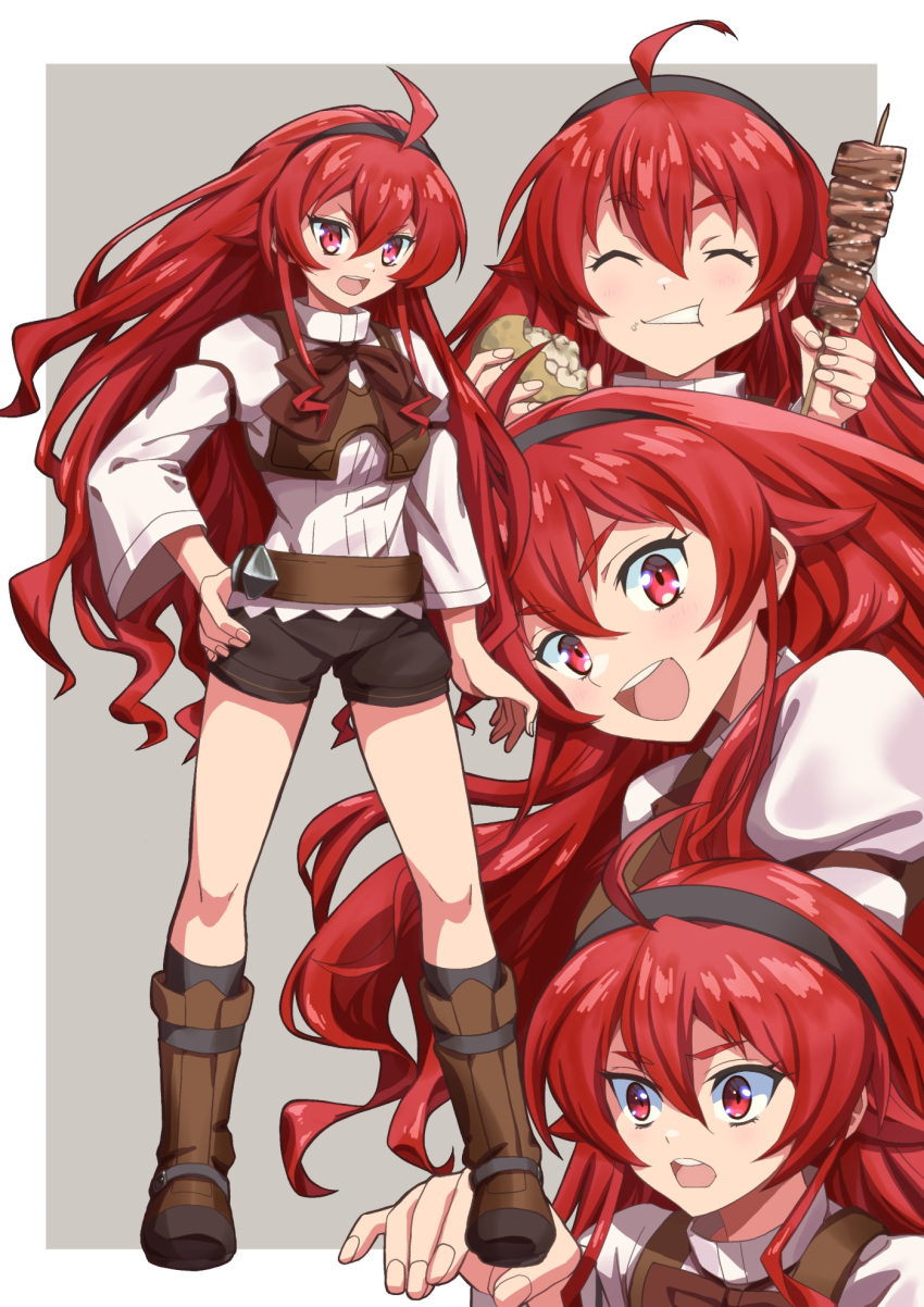 :d :o ahoge armor black_hairband boots border breastplate brown_footwear brown_shorts commentary crossed_bangs eating eris_greyrat female food grey_background hairband hand_on_own_hip highres holding holding_food long_hair long_sleeves multiple_views mushoku_tensei open_mouth red_eyes red_hair shirt shorts simple_background smile somasoutaro standing teeth upper_teeth_only white_background white_border white_shirt wide_sleeves