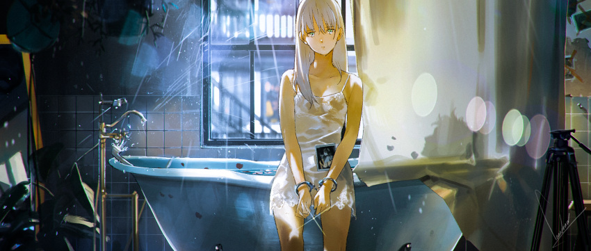 bath bathtub green_eyes loundraw original shackles white_hair