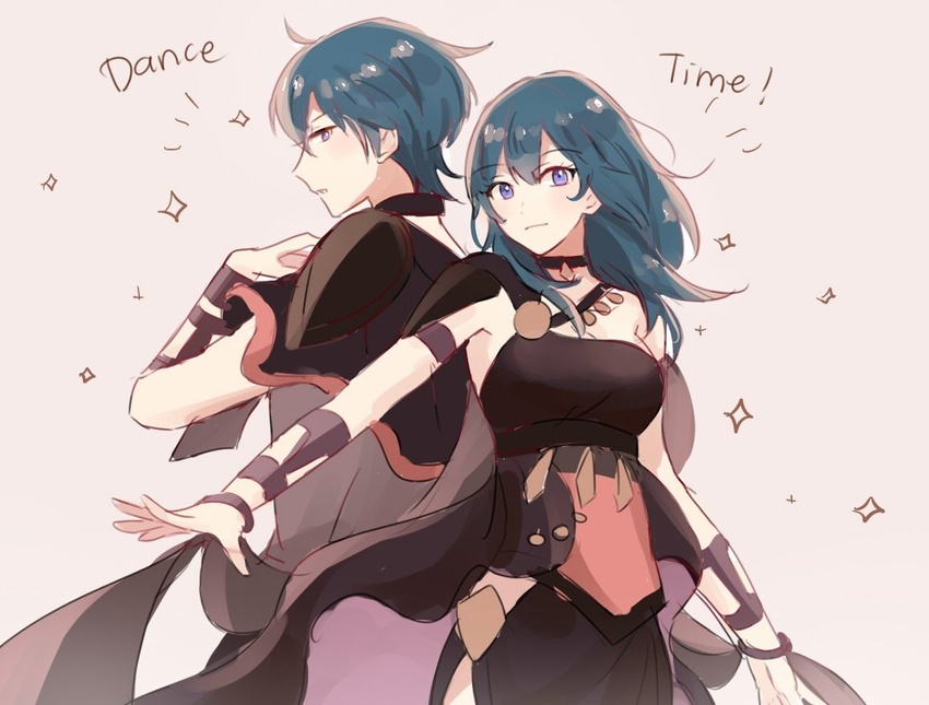 1boy ancient_greek_clothes armlet blue_eyes blue_hair byleth_(female)_(fire_emblem) byleth_(fire_emblem) byleth_(male)_(fire_emblem) closed_mouth commentary dancer dancer_(fire_emblem:_three_houses) dinikee dress english_commentary english_text female fire_emblem fire_emblem:_three_houses from_side greco-roman_clothes medium_hair short_hair simple_background single-shoulder_dress