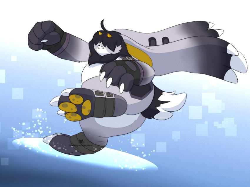 4:3 angoramon anthro bandai_namco big_feet black_hair charu claws digimon digimon_(species) fan_character feet fluffy fur grey_body grey_fur hair hair_over_eyes hi_res lagomorph leather leporid long_ears male mammal pawpads rabbit solo