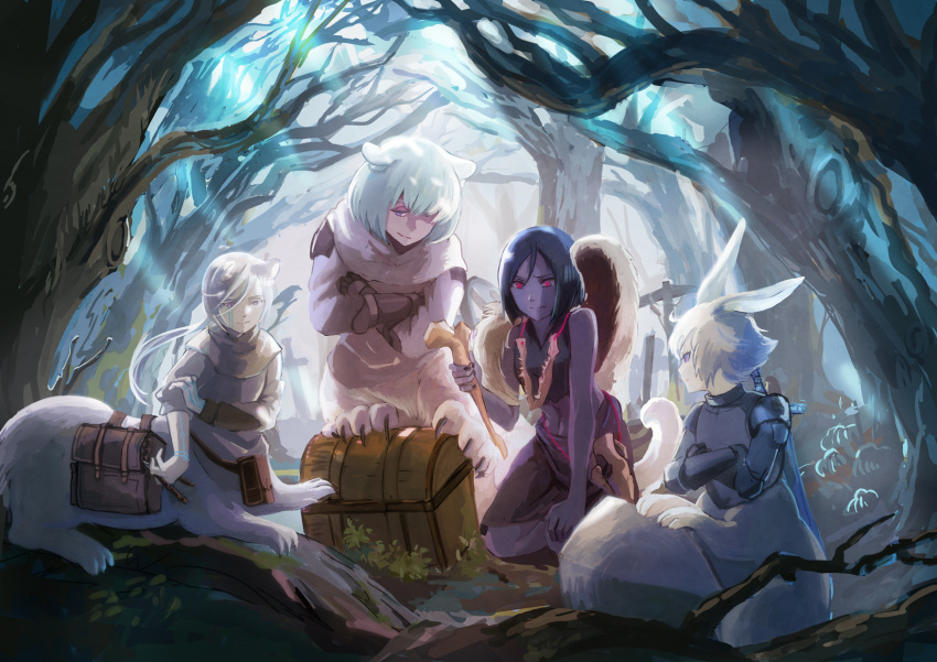 4girls animal_ears animal_hands black_gloves blue_eyes blue_hair bone centauroid claws cornelia_(mountain_of_heaven) crop_top dark-skinned_female dark_skin facial_tattoo forest gloves hair_between_eyes highres imacomai kanabi_(mountain_of_heaven) light_blue_hair long_hair long_sleeves monster_girl multiple_girls nature outdoors pixiv_fantasia pixiv_fantasia_mountain_of_heaven pouch rabbit_ears red_eyes repa_(mountain_of_heaven) saddlebags short_hair sphinx tail tattoo taur toned treasure_chest white_hair yora_(mountain_of_heaven)