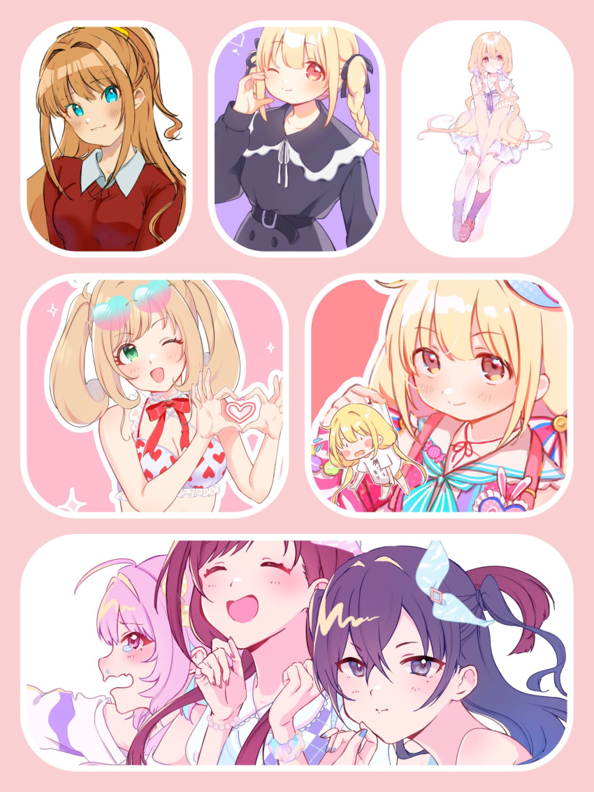 4-fingers_heart_hands 6+girls ;) blush chibi eyewear_on_head futaba_anzu hair_intakes half-heart_hands hand_on_own_cheek hand_on_own_face heart heart_hands heart_print highres hino_akane_(idolmaster) huku2uu idolmaster idolmaster_cinderella_girls invisible_chair multiple_girls one_eye_closed outline sato_shin simple_background sitting smile sunazuka_akira tinted_eyewear tsujino_akari upper_body white_outline yumemi_riamu