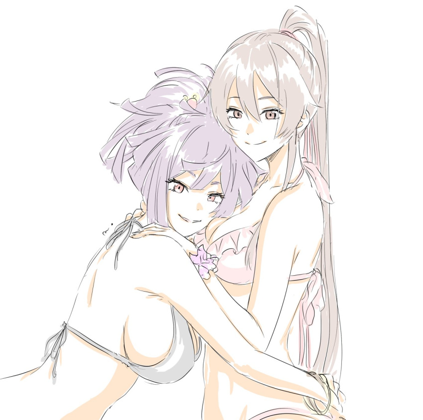 2girls bikini breasts brown_hair frilled_bikini frills halterneck high_ponytail highres hug jigokuraku large_breasts long_hair looking_at_viewer medium_breasts medium_hair mitsugu multiple_girls pale_color ponytail purple_hair scrunchie sideways_glance simple_background smile string_bikini swimsuit topknot white_background wrist_scrunchie yamada_asaemon_sagiri yuri yuzuriha_(jigokuraku)