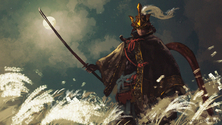 1boy anatofinnstark armor ashina_genichirou black_hair bow_(weapon) derivative_work field helmet holding holding_sword holding_weapon japanese_armor japanese_clothes kabuto katana kimono male_focus moon night outdoors samurai scenery screencap_redraw sekiro:_shadows_die_twice solo standing sword weapon