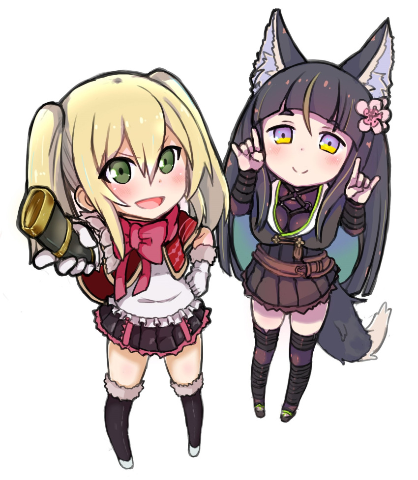 2girls animal_ear_fluff animal_ears arm_wrap atsushi_(aaa-bbb) bellflower belt black_capelet black_dress black_hair black_skirt black_socks blonde_hair bow capelet chibi closed_mouth dress flower fox_ears fox_girl fox_shadow_puppet fox_tail green_eyes hand_on_own_hip highres kitsunegasaki_tametsugu_(tenka_hyakken) leg_wrap miyabi_(tenka_hyakken) multiple_girls open_mouth outstretched_arm pink_bow pink_trim red_capelet scabbard sheath shirt skirt socks tail tenka_hyakken thighhighs twintails v-shaped_eyebrows white_shirt yellow_eyes