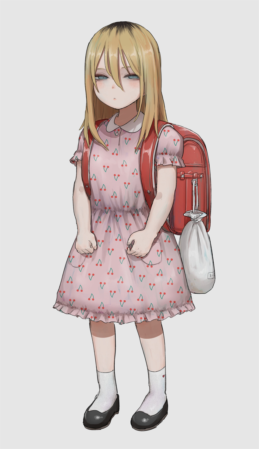 aged_down aki_(tabao) backpack bag black_footwear blue_eyes buttons cherry_print clenched_hands closed_mouth collared_dress commentary double-parted_bangs dress female food_print full_body hair_between_eyes half-closed_eyes highres lolicon long_hair looking_at_viewer original pink_dress print_dress randoseru red_bag shoes short_sleeves simple_background socks solo standing tabao white_background white_bag white_socks