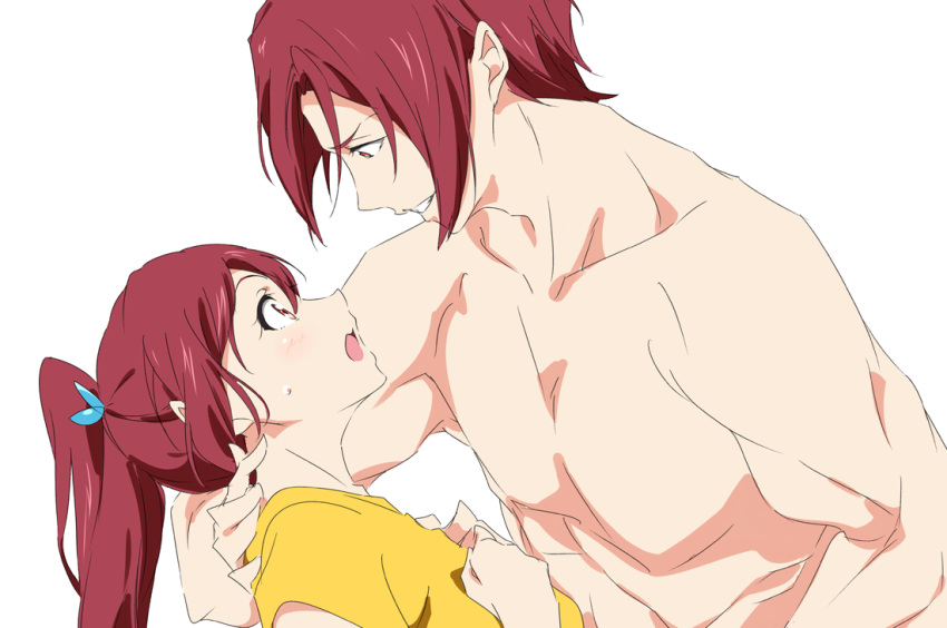 1boy brother_and_sister collarbone commentary eye_contact female free! long_hair looking_at_another matsuoka_gou matsuoka_rin open_mouth ponytail red_eyes red_hair short_hair siblings smile umanosuke white_background