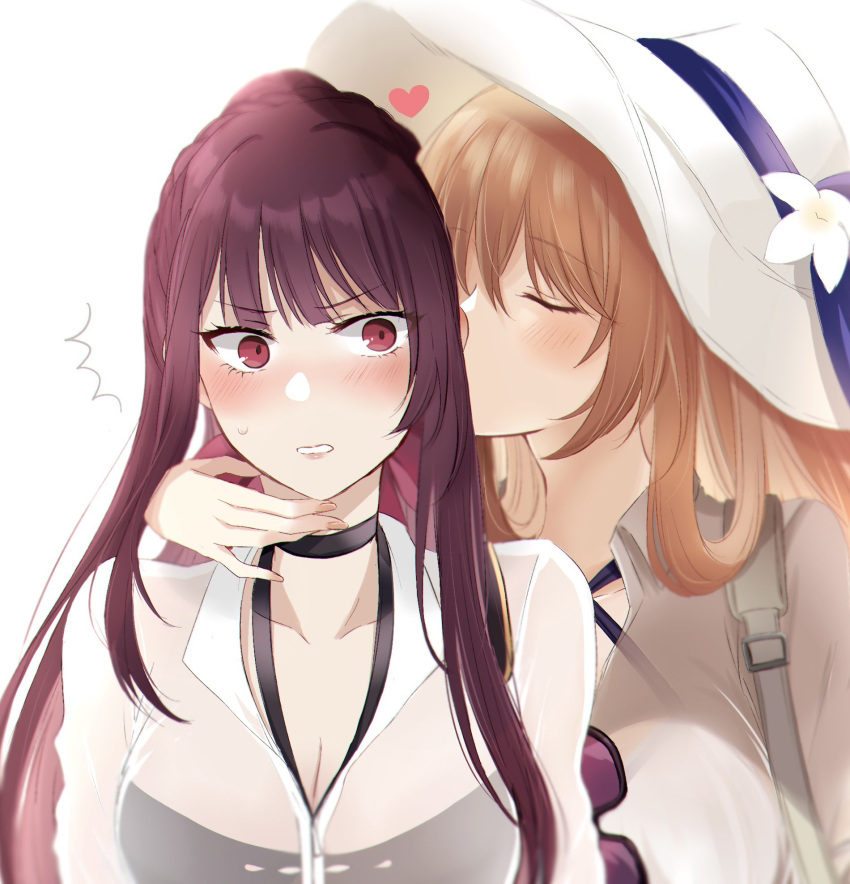 2girls alternate_costume bikini black_bikini black_choker black_one-piece_swimsuit blush breasts brown_hair choker cleavage closed_eyes collarbone commentary_request embarrassed eyewear_hang facing_viewer fingernails flower girls'_frontline glasses hair_between_eyes hat hat_flower heart highres jacket kissing kissing_ear long_hair multiple_girls official_alternate_costume one-piece_swimsuit parted_lips red_eyes see-through see-through_jacket shirt sidelocks simple_background springfield_(girls'_frontline) springfield_(stirring_mermaid)_(girls'_frontline) strap sui_(camellia) sunglasses sweat swimsuit swimsuit_under_clothes unworn_eyewear upper_body wa2000_(girls'_frontline) wa2000_(op._manta_ray)_(girls'_frontline) white_background white_flower white_headwear white_shirt yuri