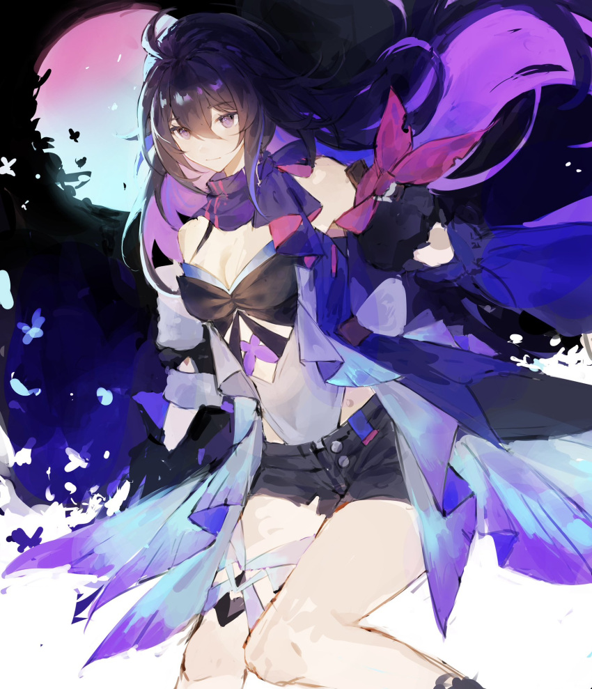 black_background black_hair black_shirt black_shorts blue_background blue_moon breasts cleavage closed_mouth colored_inner_hair denim denim_shorts female full_moon highres honkai:_star_rail honkai_(series) long_hair moon multicolored_background multicolored_hair multicolored_moon purple_eyes purple_hair purple_moon seele_(honkai:_star_rail) shirt shorts solo white_background xu_carman