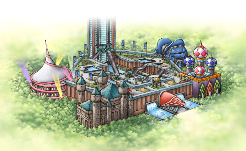 annotated battle_arcade_(pokemon) battle_castle_(pokemon) battle_factory_(pokemon) battle_frontier_(pokemon) battle_hall_(pokemon) battle_tower_(pokemon) building castle day flag forest fountain grass harada_midori nature no_humans official_art pokemon pokemon_dppt pokemon_platinum scenery stairs tower tree wall water