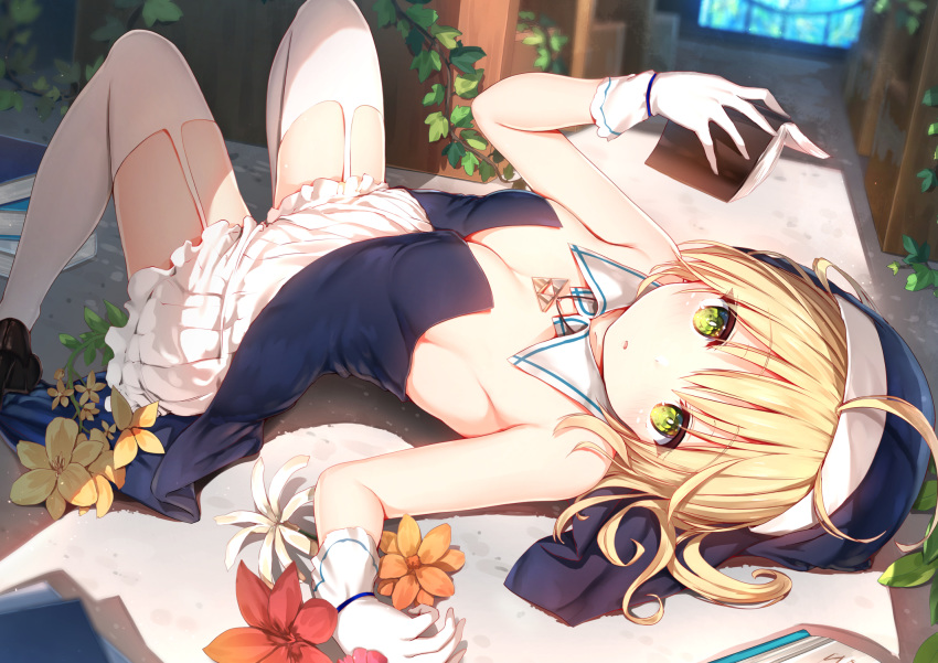 blonde_hair dress flowers green_eyes original stockings suneo