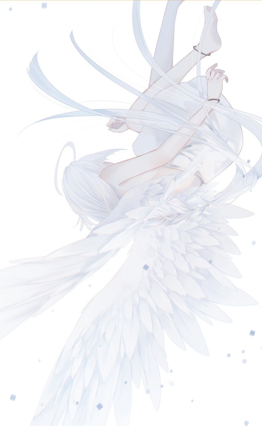 ahoge anklet back bare_shoulders barefoot bracelet dress female floating highres jewelry original protected_link solo straight_hair tsuki_mitsu white_dress white_theme white_wings wings