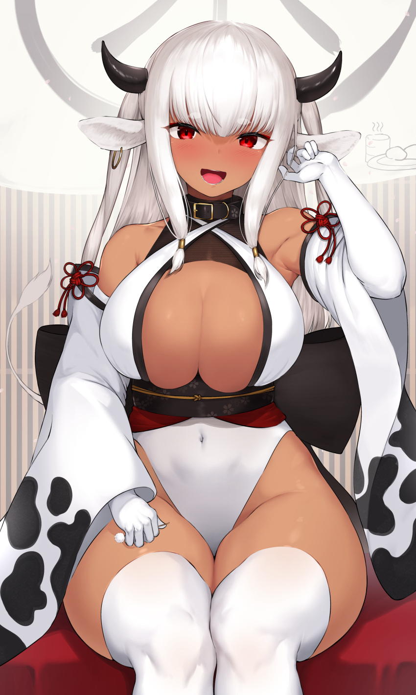 :d absurdres adjusting_hair animal_ears bare_shoulders black_collar blunt_bangs blush breasts chinese_zodiac cleavage collar covered_navel cow_ears cow_girl cow_horns dark-skinned_female dark_skin detached_sleeves earrings elbow_gloves female gloves highres holding horns jewelry large_breasts leotard looking_at_viewer mathew_(srmmk_mce) obi open_mouth original red_eyes sash sitting smile solo tan thighhighs white_gloves white_hair white_leotard white_thighhighs wide_sleeves year_of_the_ox