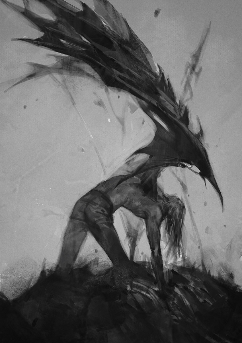 1boy dragon_wings elezen elf estinien_varlineau final_fantasy final_fantasy_xiv greyscale highres holding holding_polearm holding_weapon long_hair male_focus monochrome painterly pointy_ears polearm single_wing solo spear sukly topless_male torn torn_wings weapon wings