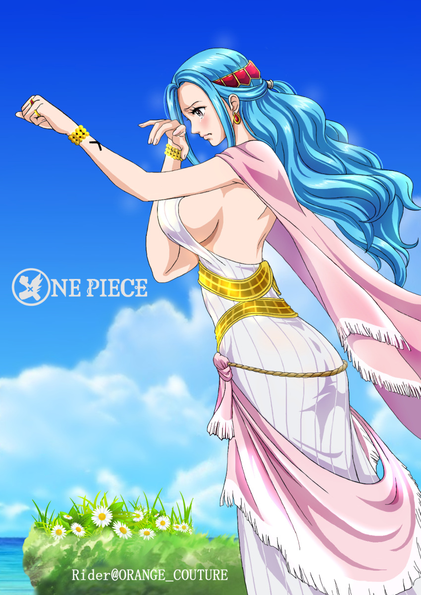 arm_up artist_name backless_dress backless_outfit blue_hair blue_sky blush bracelet breasts cape copyright_name crying crying_with_eyes_open day dress earrings feet_out_of_frame female flower from_side hair_ornament hand_up highres jewelry large_breasts long_hair nefertari_vivi one_piece outdoors pink_cape rider_(orange_couture) ring sideboob sidelocks sky sleeveless sleeveless_dress solo tears white_dress white_flower