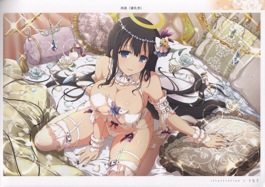 absurdres bare_shoulders bed black_hair blue_eyes breasts cleavage female fingernails floating floating_object hair_ornament halo high_heels highres indoors large_breasts long_hair looking_at_viewer nail_polish official_art open_mouth page_number parted_lips petals pillow ryouki_(senran_kagura) scan senran_kagura senran_kagura_new_link shiny_skin sitting smile solo thighs wariza yaegashi_nan