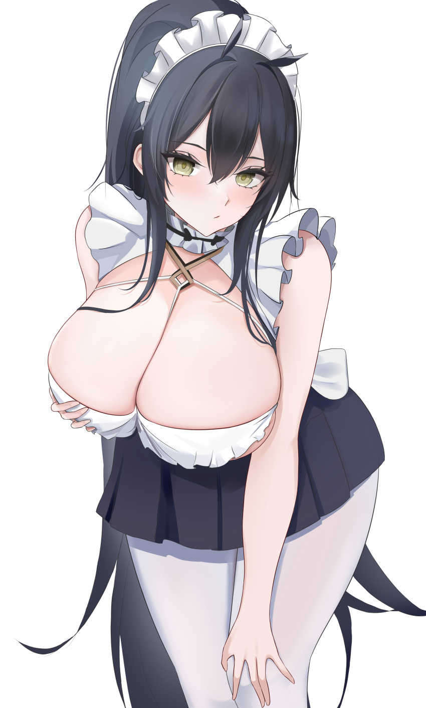 absurdres azur_lane black_hair black_skirt blush breasts choker cleavage female frilled_choker frills grabbing_own_breast green_eyes hair_between_eyes highres huge_breasts indomitable_(azur_lane) indomitable_(ms._motivationless_maid)_(azur_lane) long_hair looking_at_viewer maid maid_headdress official_alternate_costume pantyhose pleated_skirt sidelocks skirt solo very_long_hair white_background white_pantyhose wo_meiyou_mao