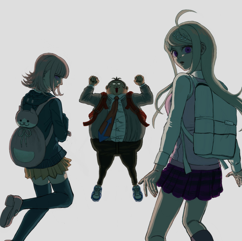 1boy 2girls :o ahoge akamatsu_kaede backpack bag black_thighhighs blonde_hair blue_necktie blunt_bangs brown_necktie brown_pants brown_skirt danganronpa:_trigger_happy_havoc danganronpa_(series) danganronpa_2:_goodbye_despair danganronpa_v3:_killing_harmony fat fat_man flipped_hair grey_background grey_jacket hair_ornament highres hood hood_down jacket kibo_onken-ha long_hair long_sleeves medium_hair miniskirt multiple_girls musical_note musical_note_hair_ornament nanami_chiaki necktie open_clothes open_jacket pants pink_bag pink_eyes pleated_skirt purple_skirt shirt shoes short_hair simple_background skirt teeth thighhighs two-tone_necktie upper_teeth_only white_shirt yamada_hifumi