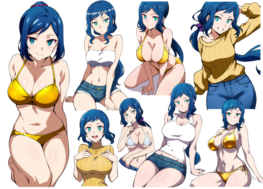 absurdres aqua_eyes batta_16-sei bikini blue_eyes breasts breasts_squeezed_together cleavage commentary crop_top denim denim_shorts female gold_bikini green_eyes gundam gundam_build_fighters highres iori_rinko large_breasts long_hair looking_at_viewer mature_female midriff multiple_views navel open_mouth ponytail ribbed_sweater seiza shiny_clothes short_shorts shorts sidelocks simple_background sitting smile strapless sweater swimsuit tank_top tube_top very_long_hair wavy_hair yellow_sweater