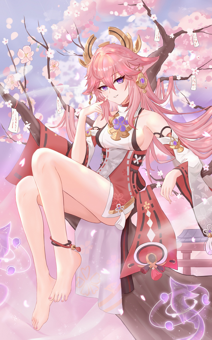 absurdres aichinaigai animal_ears barefoot breasts cherry_blossoms detached_sleeves earrings feet female finger_to_cheek fox fox_ears gem genshin_impact gold_earrings gold_trim hair_ears hakama highres in_tree japanese_clothes jewelry kosode legs legs_together long_hair medium_breasts miko nail_polish no_panties pink_hair pink_nails purple_eyes purple_gemstone red_hakama sitting sitting_in_tree slips smug tassel toenail_polish toenails toes torii tree yae_miko